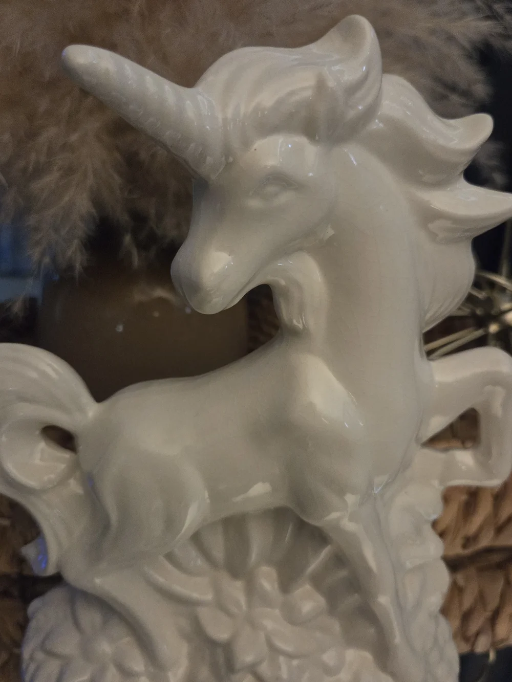 White Ceramic Unicorn Figurine Glossy Fantasy Decor Floral Base Shelf Decor